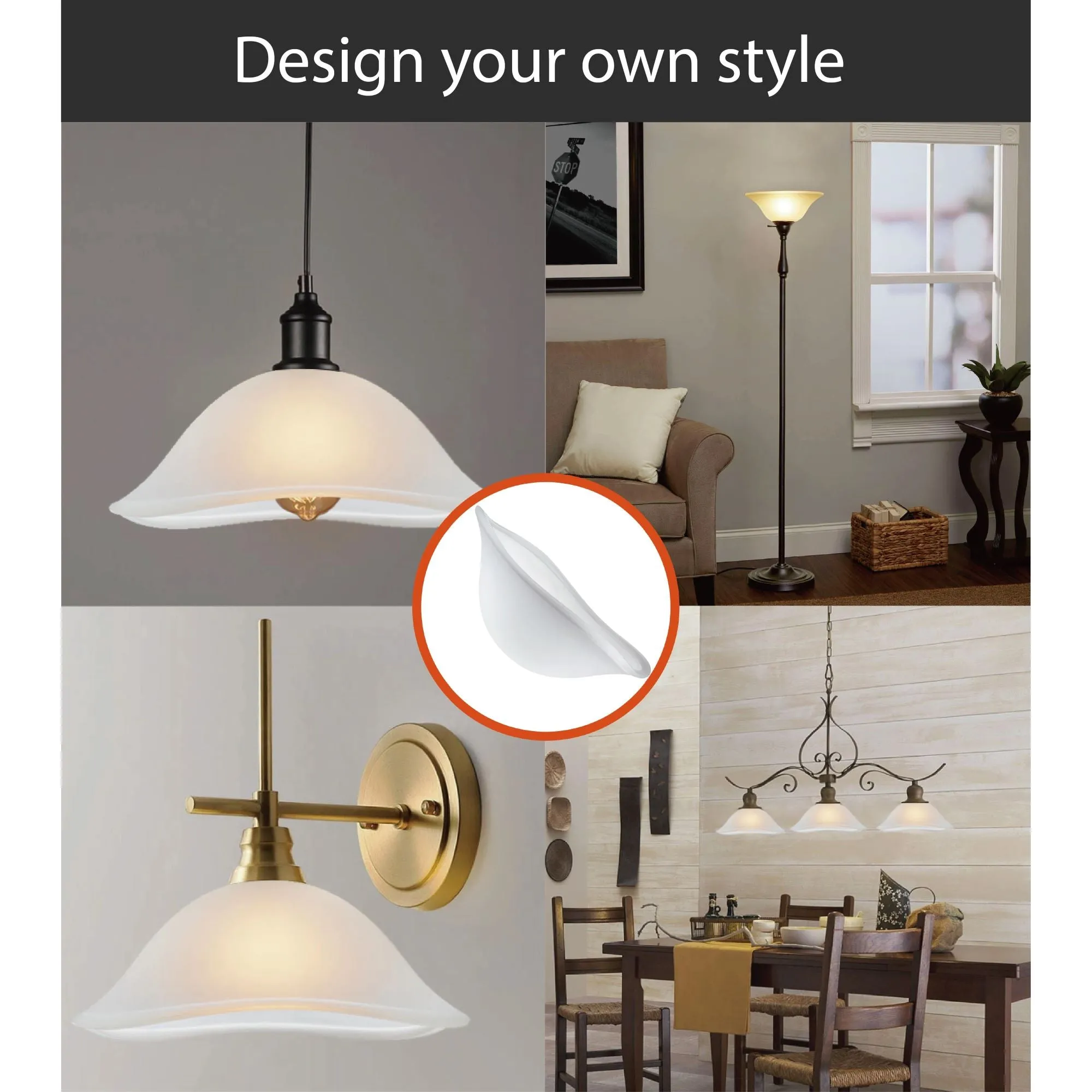 # 23516-11,Frosted/Fabric Painted Glass Shade for Medium Base Socket Torchiere Lamp, Swag Lamp and Pendant,13" Diameter x 5-3/4" High.