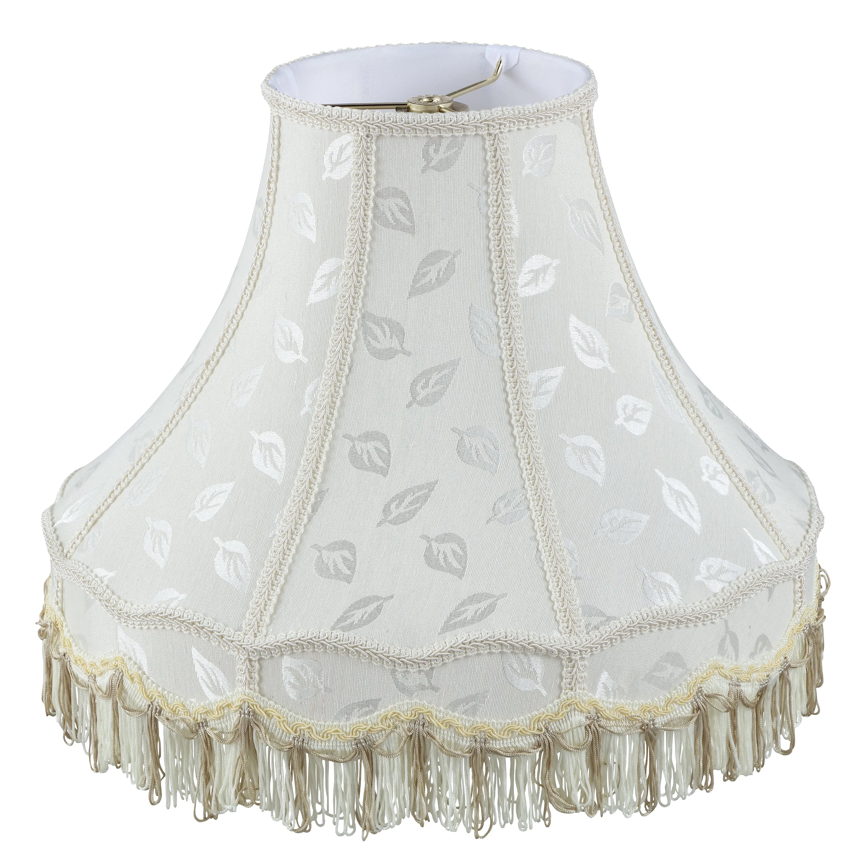 # 30627,Handsewn Scallop Dome Spider Fringe Lamp Shade/Off-White Jacquard Fabric.7"Top x 17"Bottom x 13"Slant.