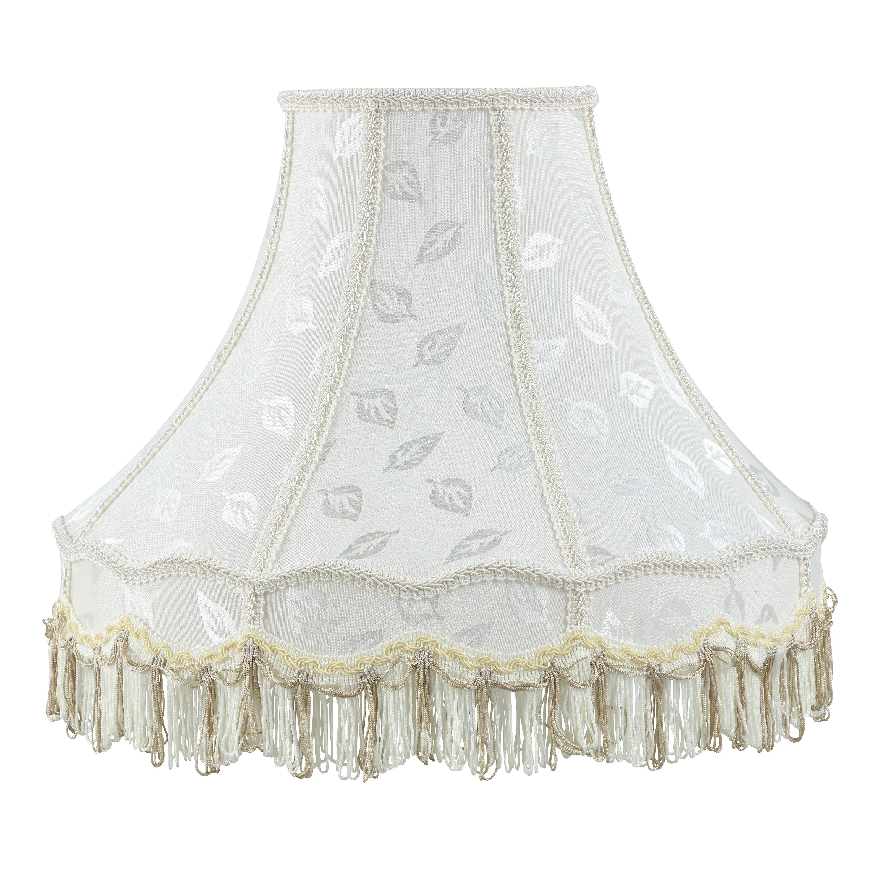 # 30627,Handsewn Scallop Dome Spider Fringe Lamp Shade/Off-White Jacquard Fabric.7"Top x 17"Bottom x 13"Slant.