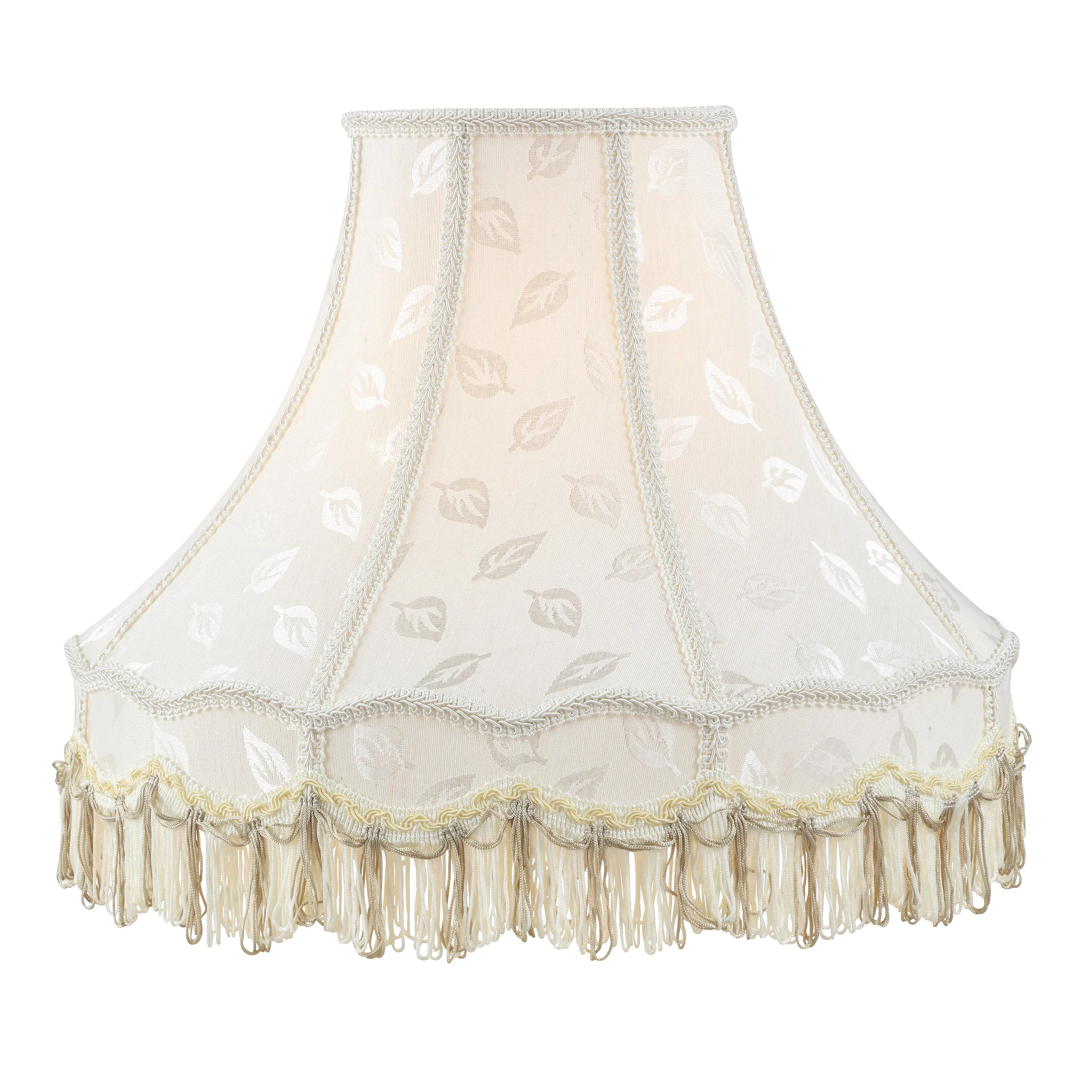 # 30627,Handsewn Scallop Dome Spider Fringe Lamp Shade/Off-White Jacquard Fabric.7"Top x 17"Bottom x 13"Slant.