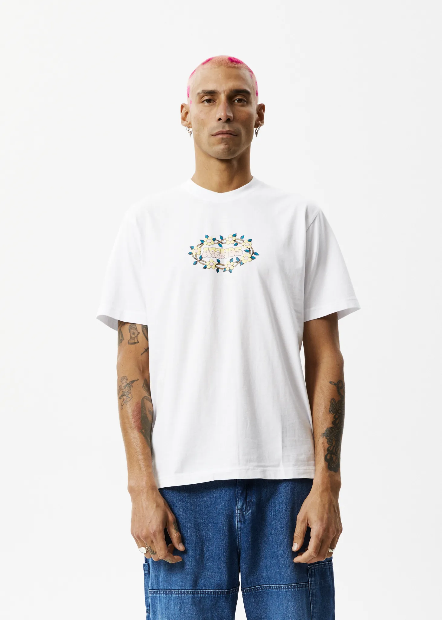 AFENDS Mens Bloom - Retro Graphic Logo T-Shirt - White