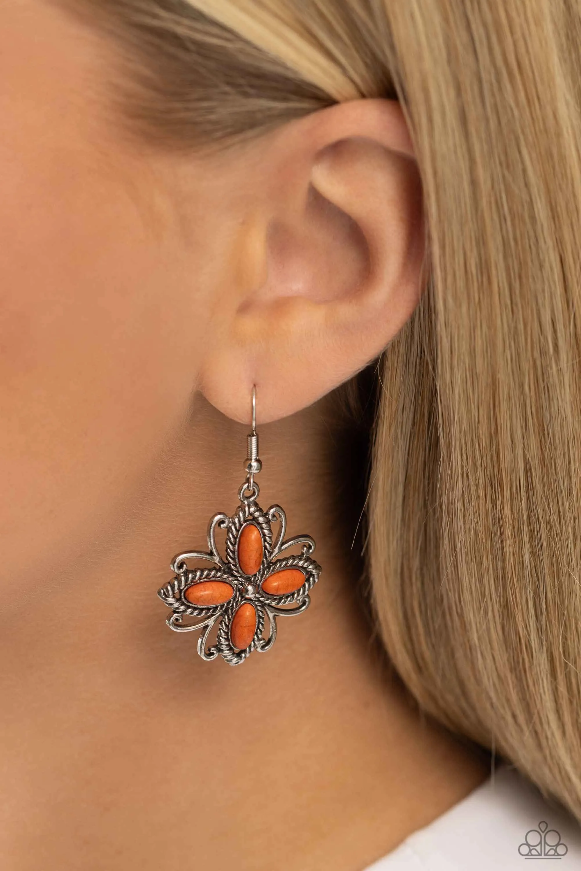 Badlands Ballad Orange Stone Floral Earrings - Paparazzi Accessories