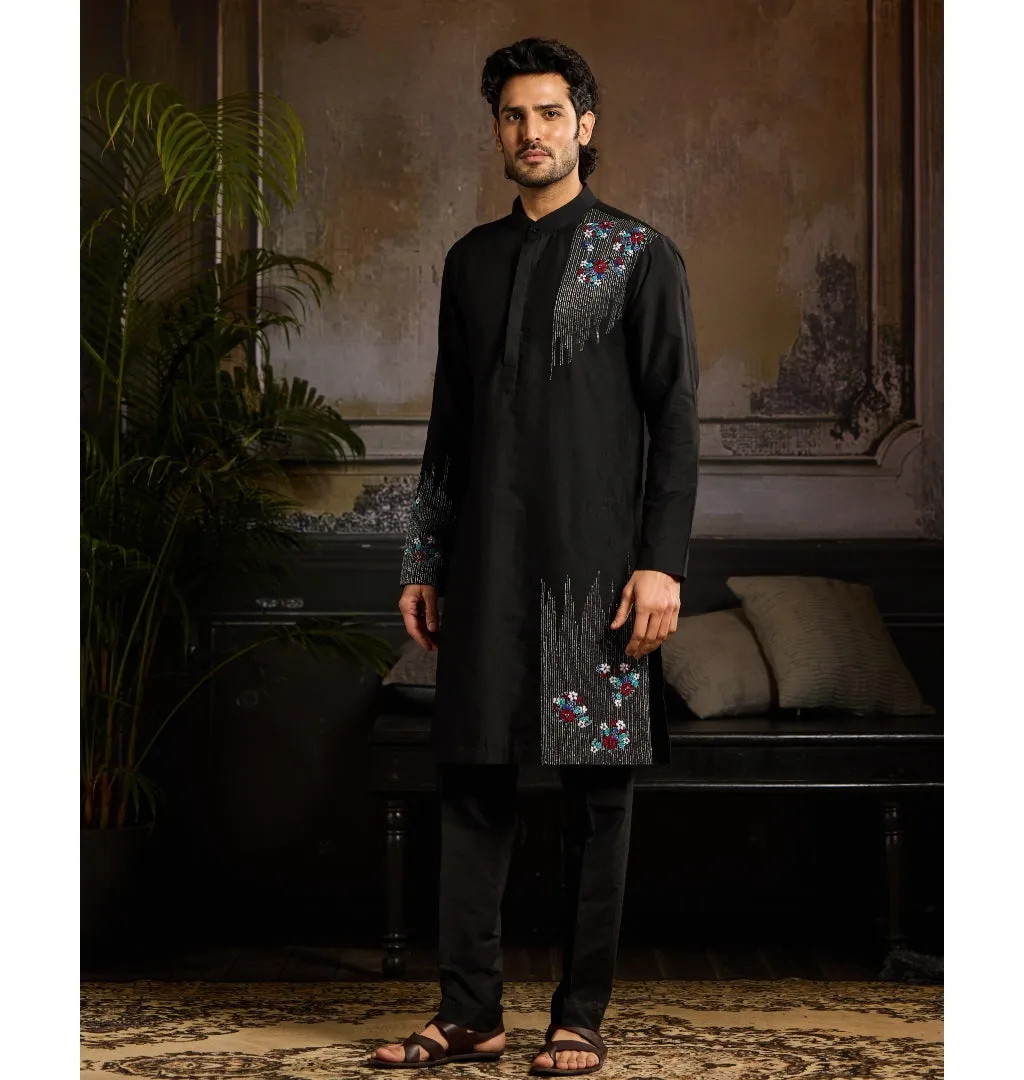 Black With Silver & Colorful Floral Motif Kurta Paired With Black Pants