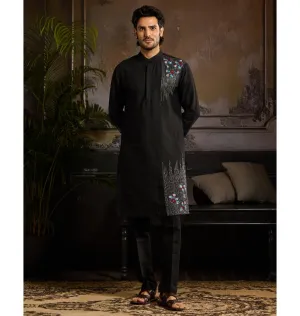 Black With Silver & Colorful Floral Motif Kurta Paired With Black Pants