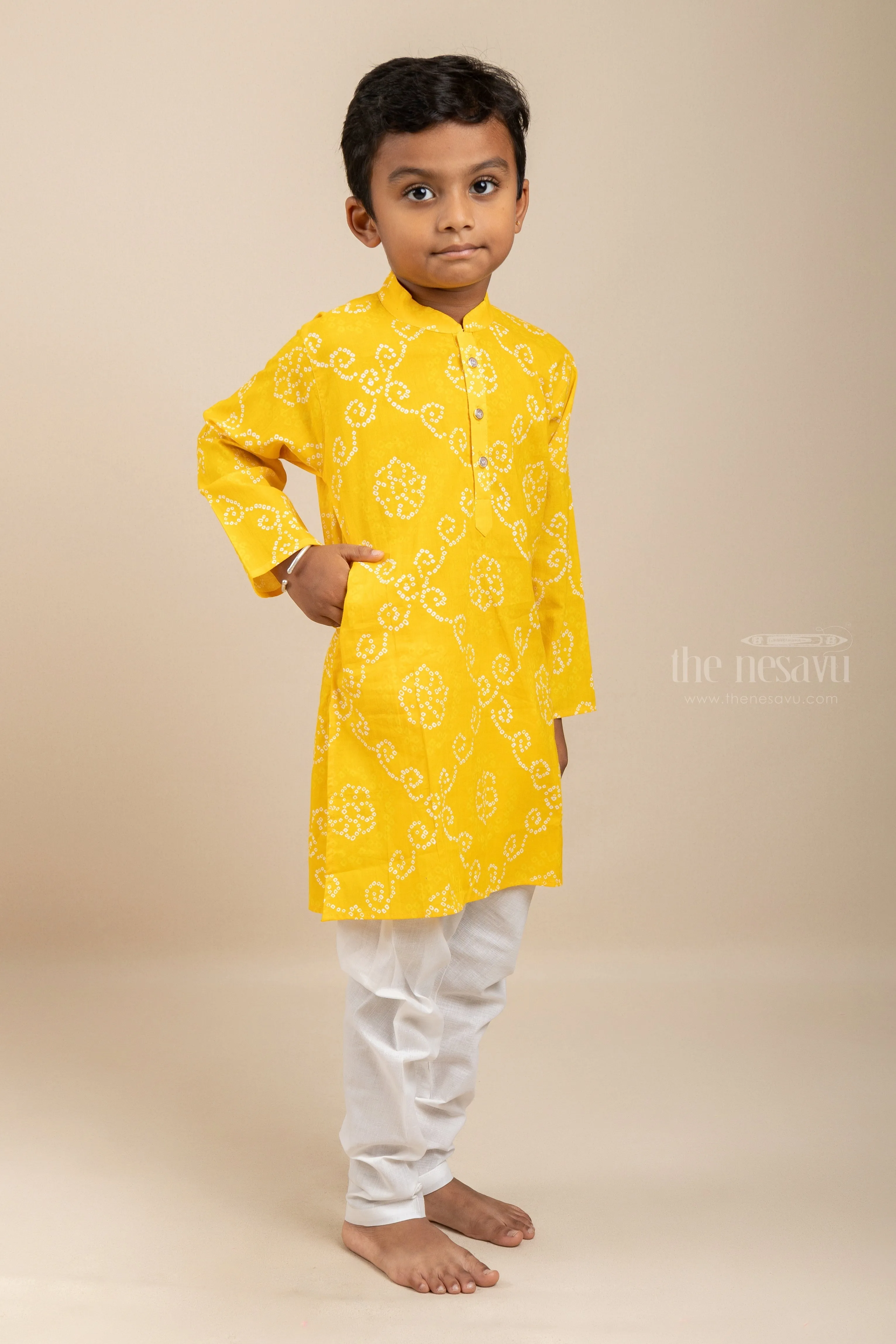 Bright Yellow Cotton Kurta Dresses For Boys With Pants