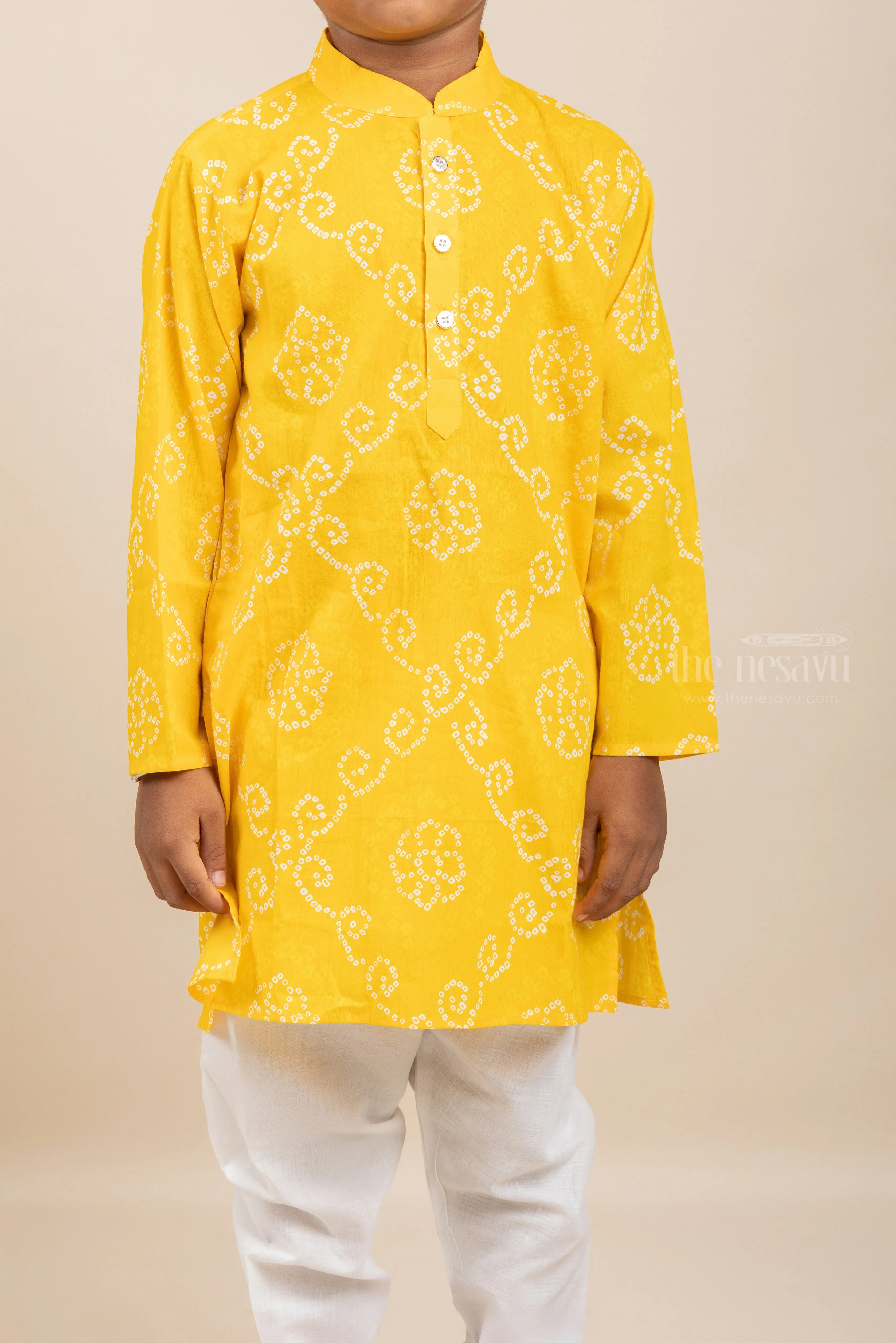 Bright Yellow Cotton Kurta Dresses For Boys With Pants