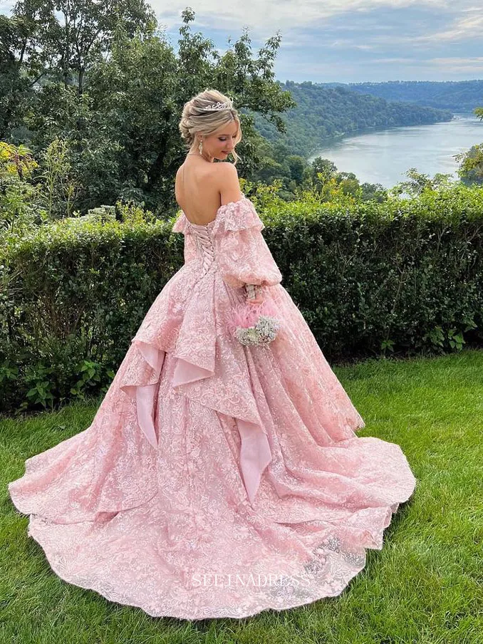 Chic A-line Off-the-shoulder Pink Long Prom Dresses Lace Evening Dress Bridal Dresses TKL051