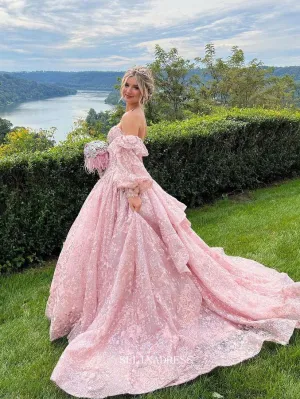Chic A-line Off-the-shoulder Pink Long Prom Dresses Lace Evening Dress Bridal Dresses TKL051