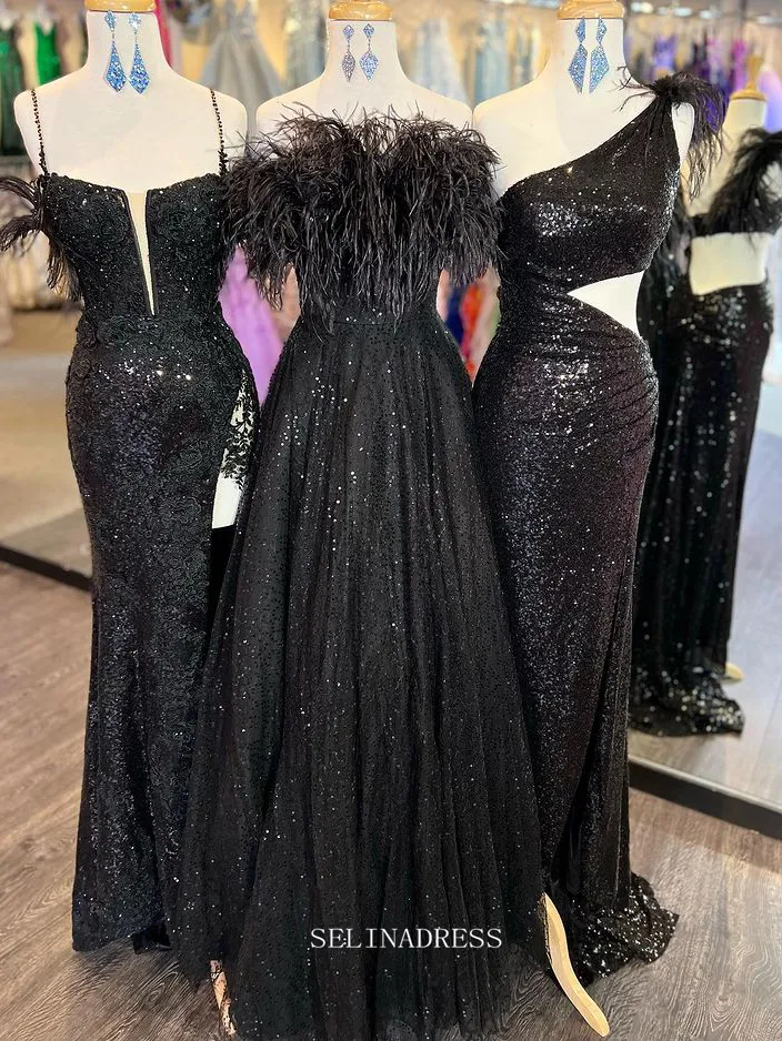 Chic A-line Strapless Black Long Prom Dresses Feather Evening Gowns Pageant Dress TKL061