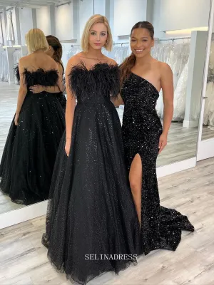 Chic A-line Strapless Black Long Prom Dresses Feather Evening Gowns Pageant Dress TKL061