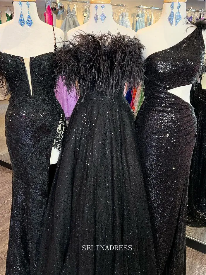 Chic A-line Strapless Black Long Prom Dresses Feather Evening Gowns Pageant Dress TKL061
