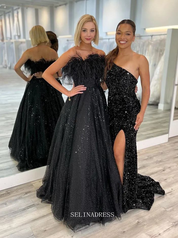 Chic A-line Strapless Black Long Prom Dresses Feather Evening Gowns Pageant Dress TKL061