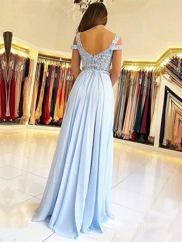 Chic A-line Straps Light Sky Blue Long Prom Dresses Lace Evening Gowns MHL2867