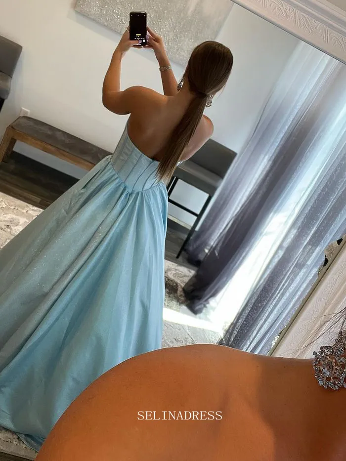 Chic A-line Sweetheart Baby Blue Long Prom Dresses Simple Evening Dress Formal Dresses TKL077