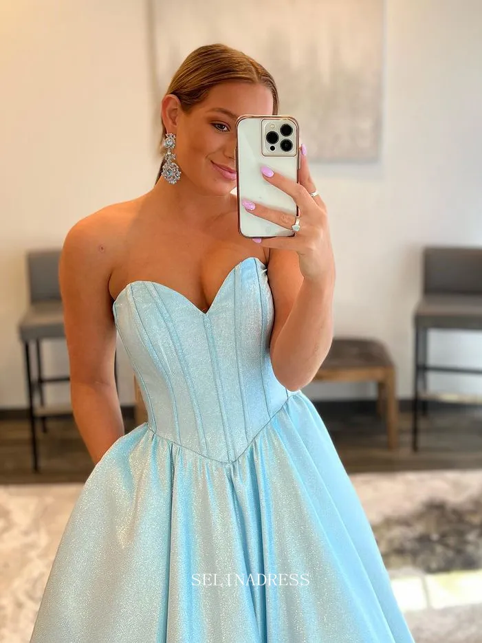 Chic A-line Sweetheart Baby Blue Long Prom Dresses Simple Evening Dress Formal Dresses TKL077