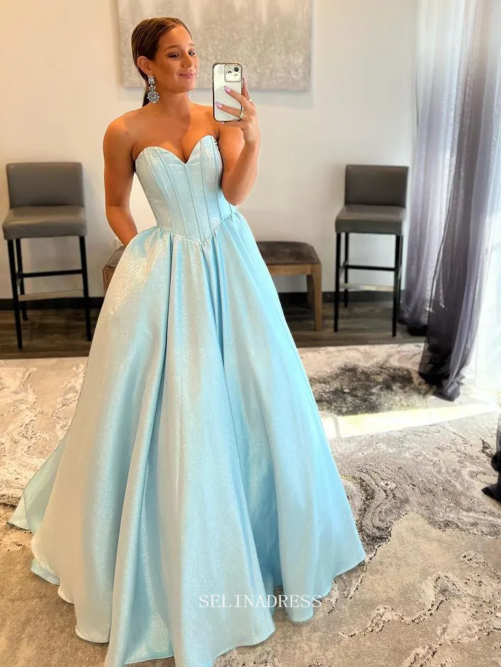 Chic A-line Sweetheart Baby Blue Long Prom Dresses Simple Evening Dress Formal Dresses TKL077