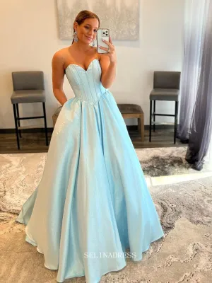 Chic A-line Sweetheart Baby Blue Long Prom Dresses Simple Evening Dress Formal Dresses TKL077