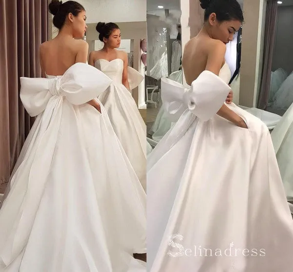 Chic A-line Sweetheart White Wedding Dresses With Big Bow Satin Bridal Gowns CBD418
