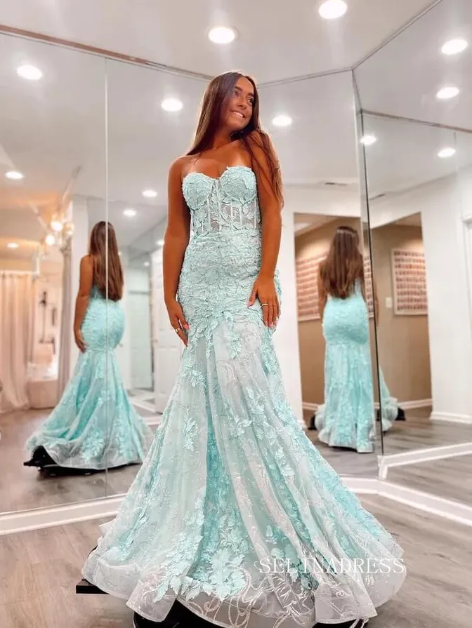 Chic Mermaid Sweetheart Long Prom Dresses Appliques Evening Party Dress sew0211