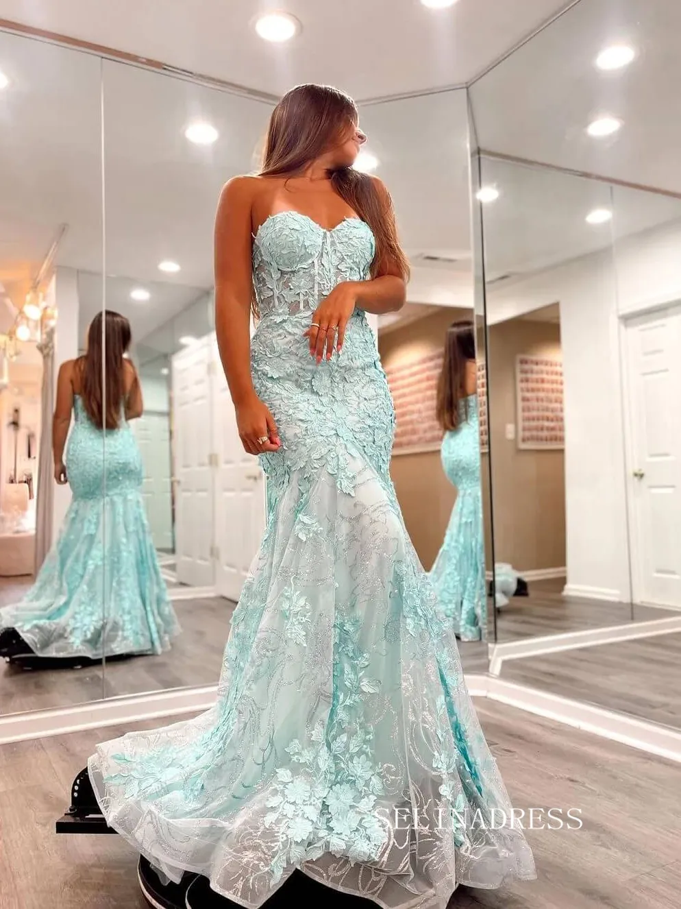 Chic Mermaid Sweetheart Long Prom Dresses Appliques Evening Party Dress sew0211