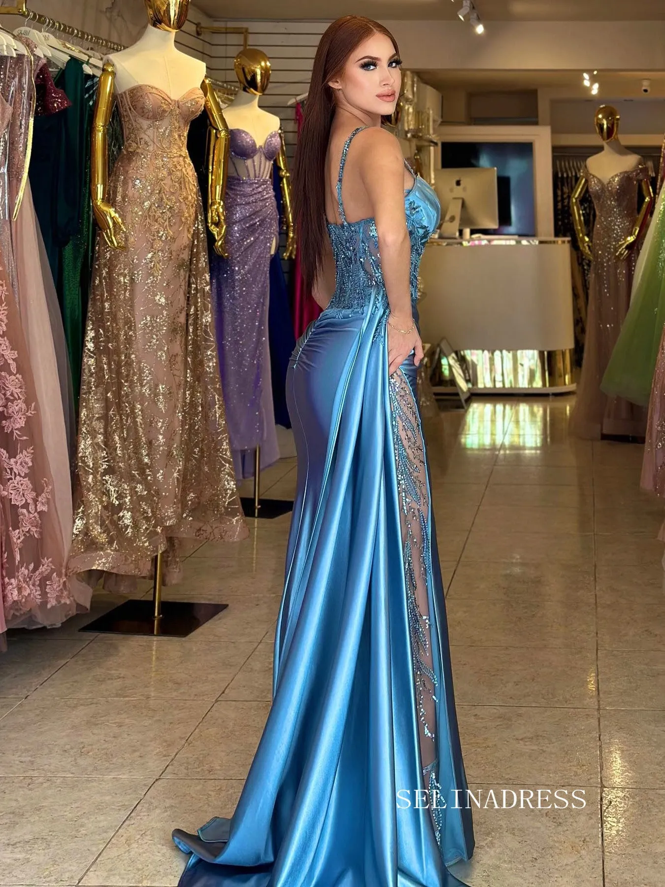 Chic Sheath/Column Spaghetti Straps Lace Long Prom Dresses Blue Evening Dress sew0330