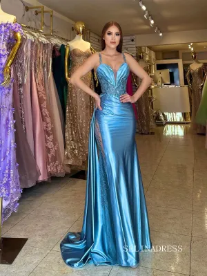 Chic Sheath/Column Spaghetti Straps Lace Long Prom Dresses Blue Evening Dress sew0330