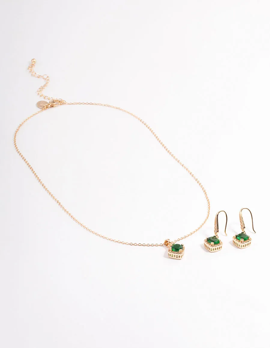 Cubic Zirconia Gold Square Cushion Earrings & Necklace