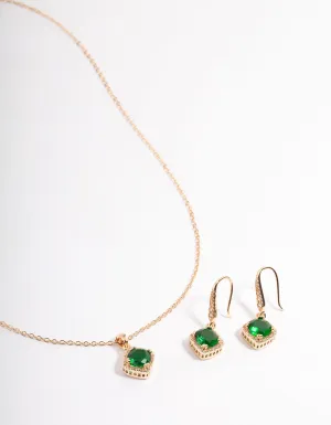 Cubic Zirconia Gold Square Cushion Earrings & Necklace