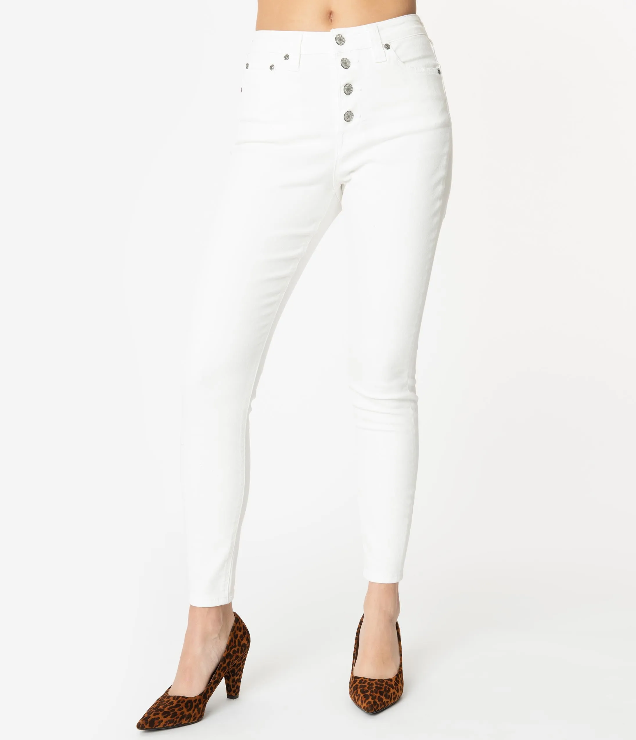 Dickies White Denim High Waist Button Up Skinny Jeans