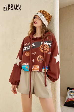 ELFSACK 2024 Autumn New Arrivals Retro fun print hooded sweatshirt for women, short casual tops