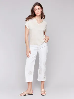 Embroidered Flower Crop Pant Blanc, White