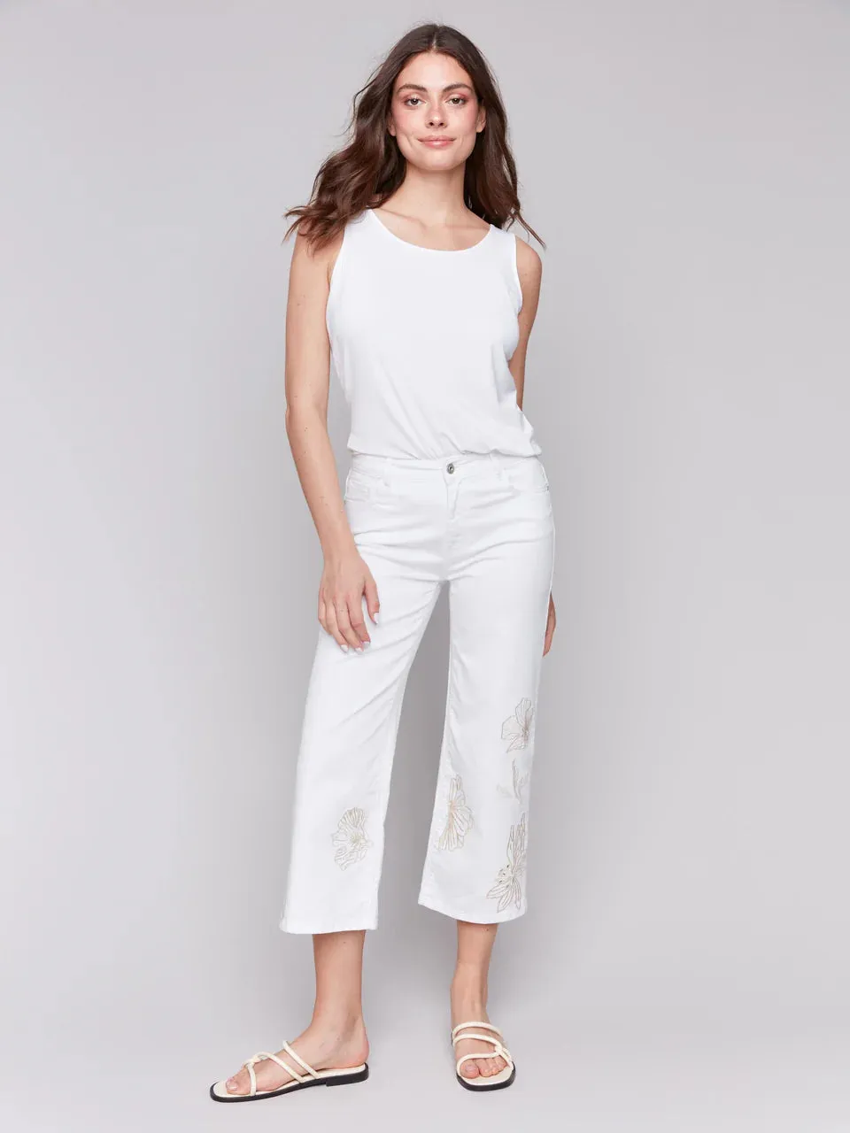 Embroidered Flower Crop Pant Blanc, White