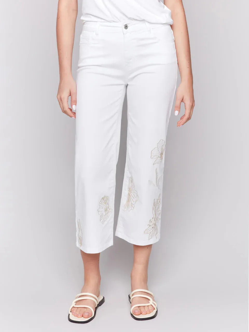 Embroidered Flower Crop Pant Blanc, White