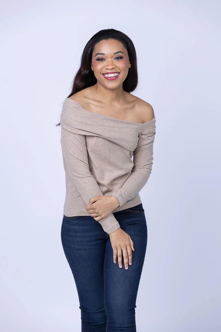 Enza Costa Cashmere One-Shoulder Top in Khaki
