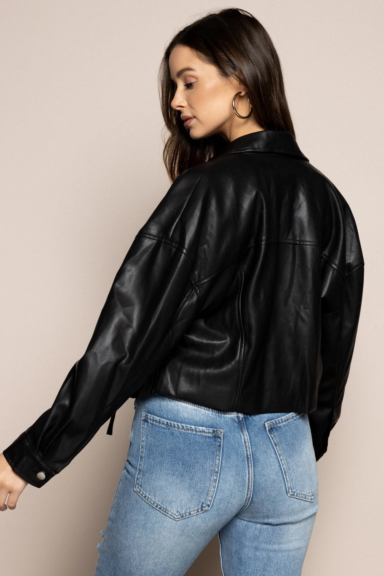 Faux Leather Moto Jacket in Black
