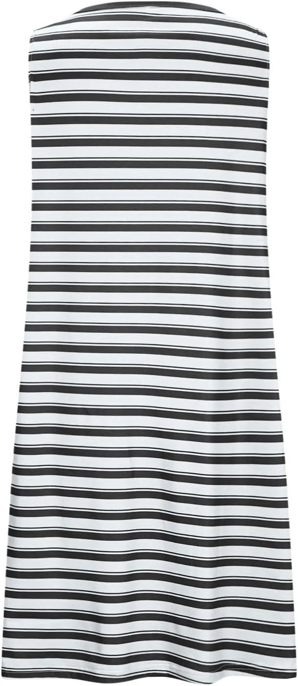 FZYLQY Women Summer Dress 2025 Striped Print Sleeveless Tank Dress Casual Loose Beach Sundress with Pockets for Ladies