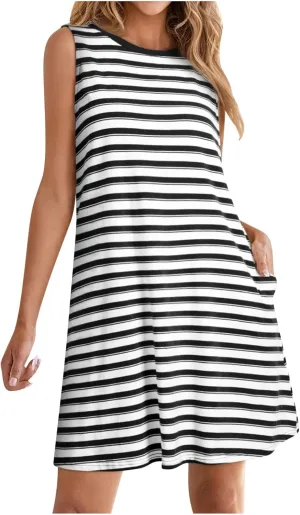 FZYLQY Women Summer Dress 2025 Striped Print Sleeveless Tank Dress Casual Loose Beach Sundress with Pockets for Ladies