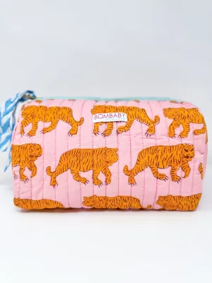 Handmade Block Print Quilted Wash Bag | Pink Tiger