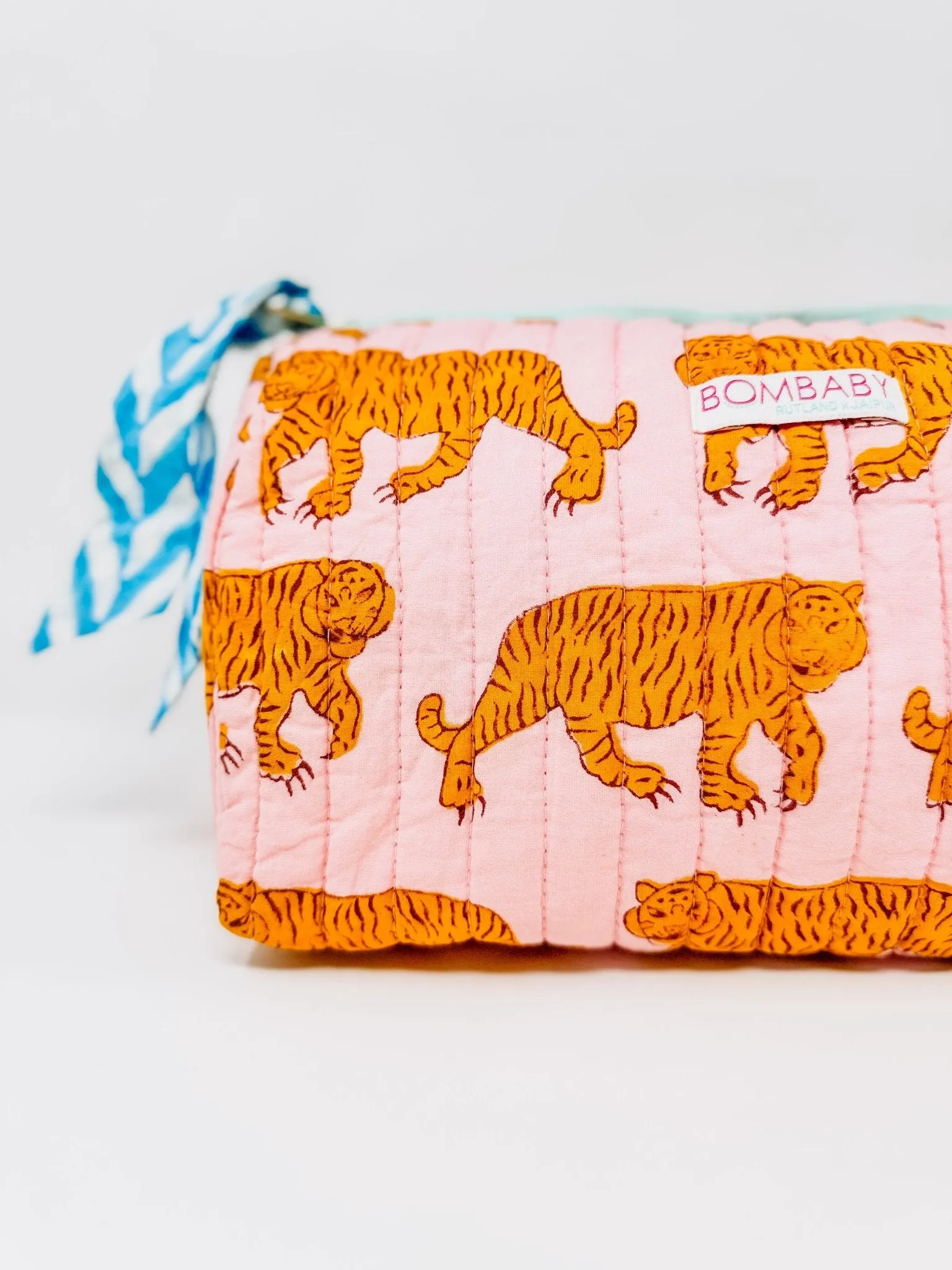 Handmade Block Print Quilted Wash Bag | Pink Tiger