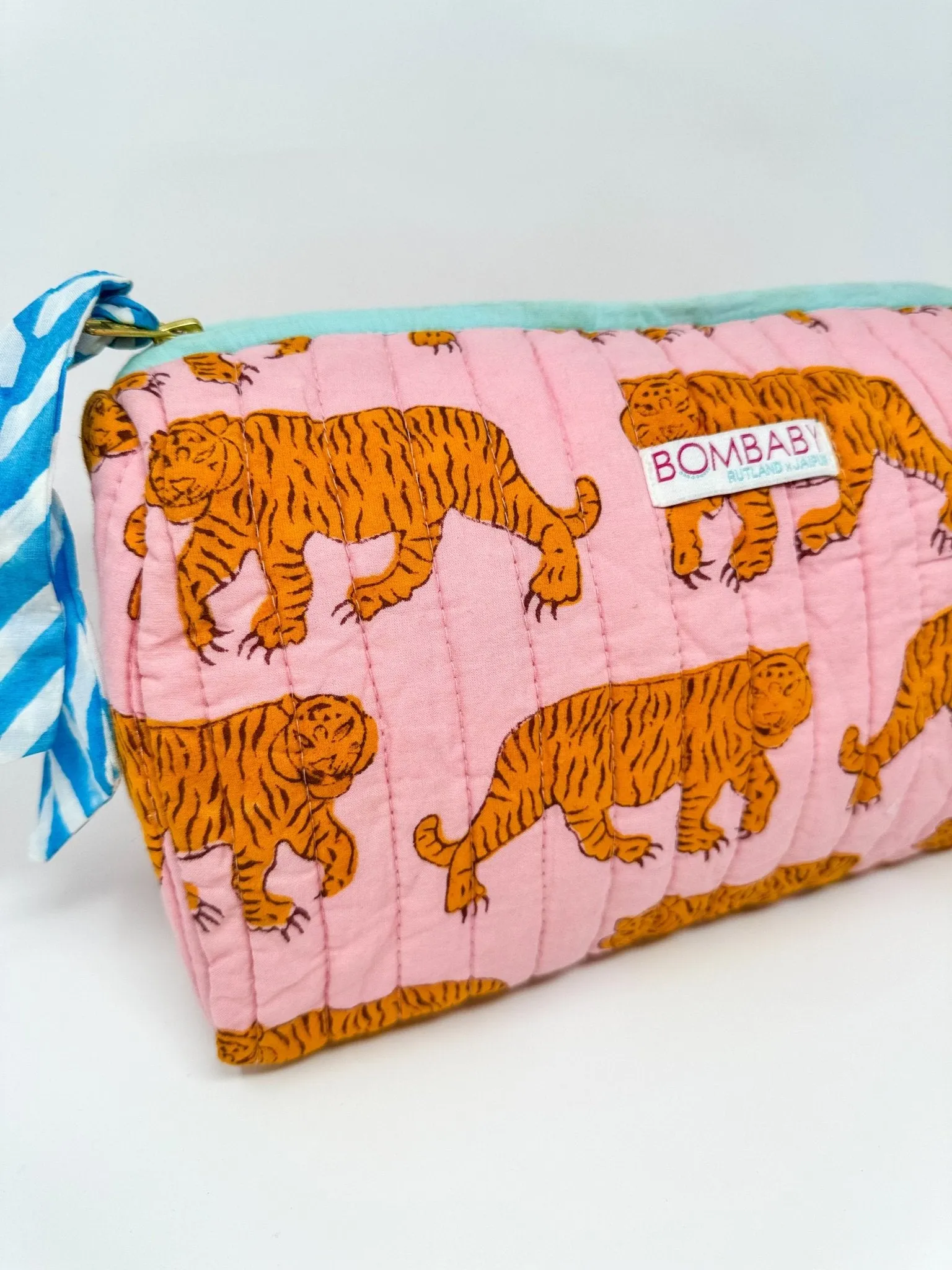 Handmade Block Print Quilted Wash Bag | Pink Tiger