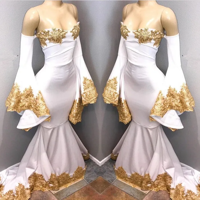 kamahe Long Sleeves Prom Party Gowns with gold appliques, mermaid evening dress