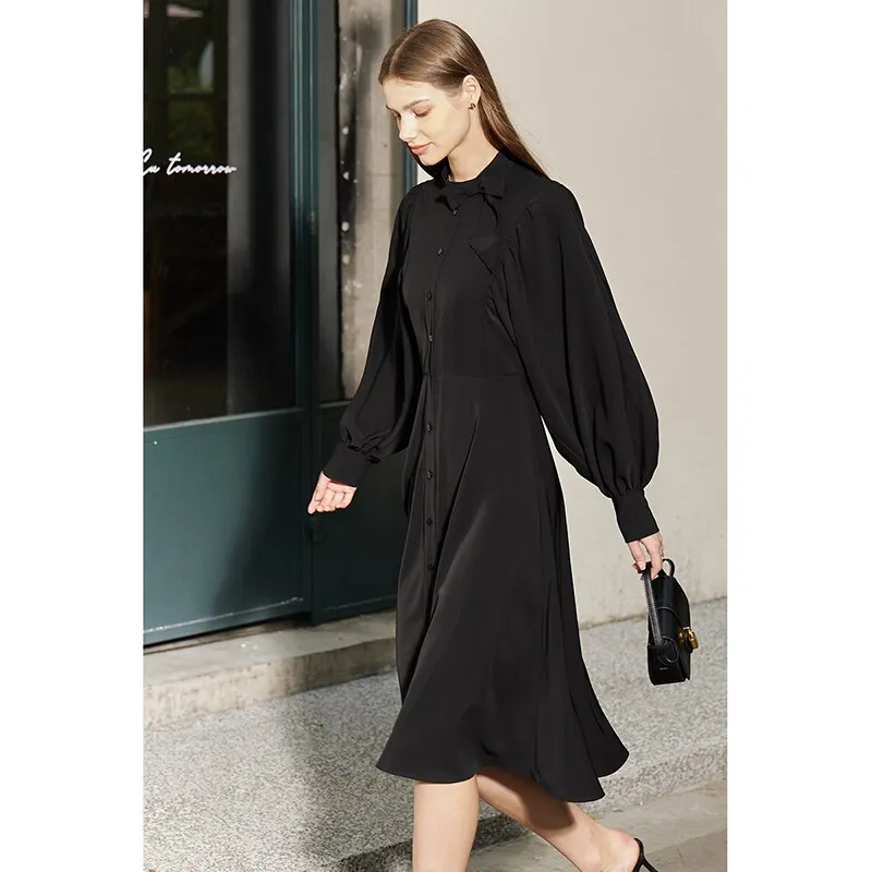 Nsquared Minimalism New Black Dresses |  French Lantern Sleeve A Line Chic Shirt Dress | Shirt Dress Female Vestidos