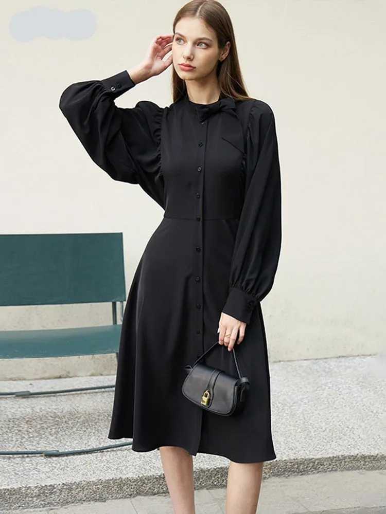 Nsquared Minimalism New Black Dresses |  French Lantern Sleeve A Line Chic Shirt Dress | Shirt Dress Female Vestidos