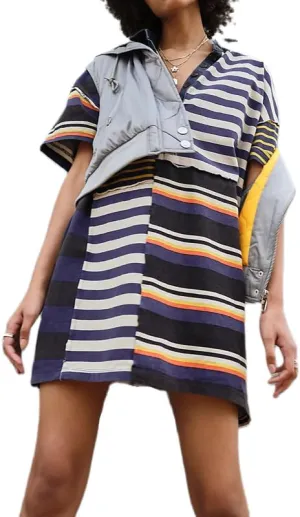 NUFIWI Y2K Striped Shirt Mini Dress for Women Oversized Stripe Tunic Tshirt Dresses Short Sleeve Buttons Loose Fit Tee Dress