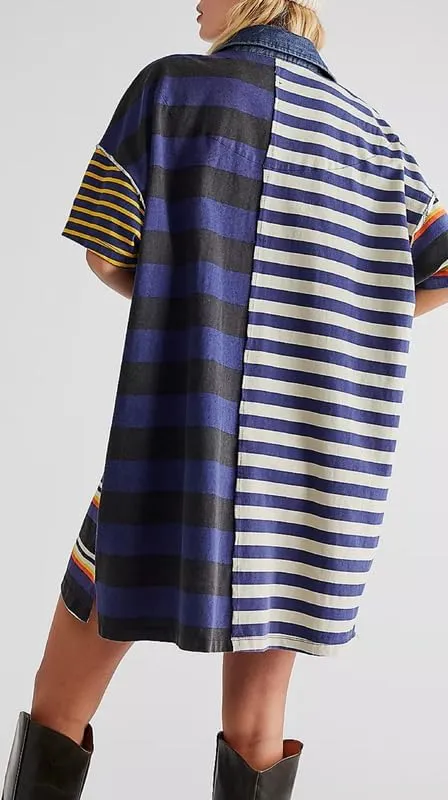NUFIWI Y2K Striped Shirt Mini Dress for Women Oversized Stripe Tunic Tshirt Dresses Short Sleeve Buttons Loose Fit Tee Dress