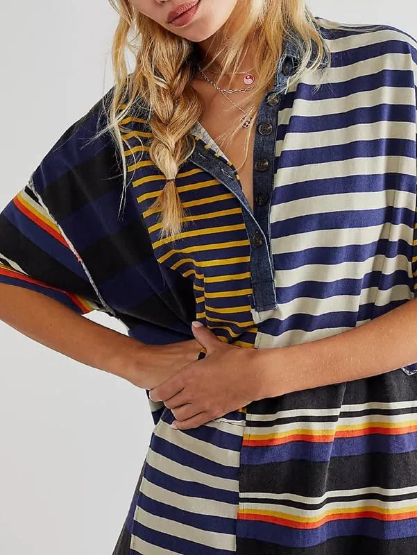 NUFIWI Y2K Striped Shirt Mini Dress for Women Oversized Stripe Tunic Tshirt Dresses Short Sleeve Buttons Loose Fit Tee Dress