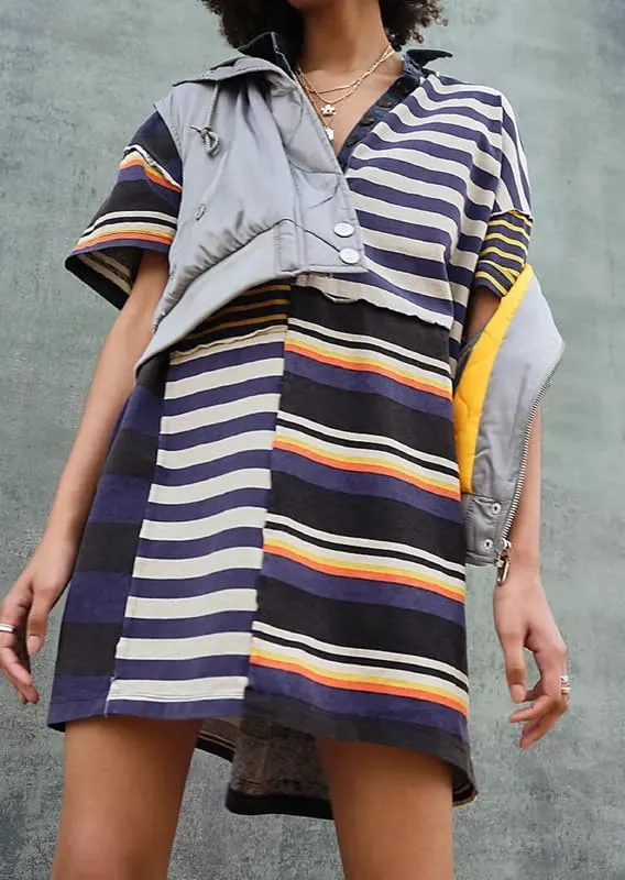 NUFIWI Y2K Striped Shirt Mini Dress for Women Oversized Stripe Tunic Tshirt Dresses Short Sleeve Buttons Loose Fit Tee Dress