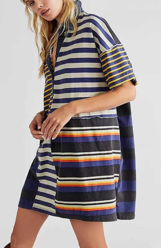 NUFIWI Y2K Striped Shirt Mini Dress for Women Oversized Stripe Tunic Tshirt Dresses Short Sleeve Buttons Loose Fit Tee Dress