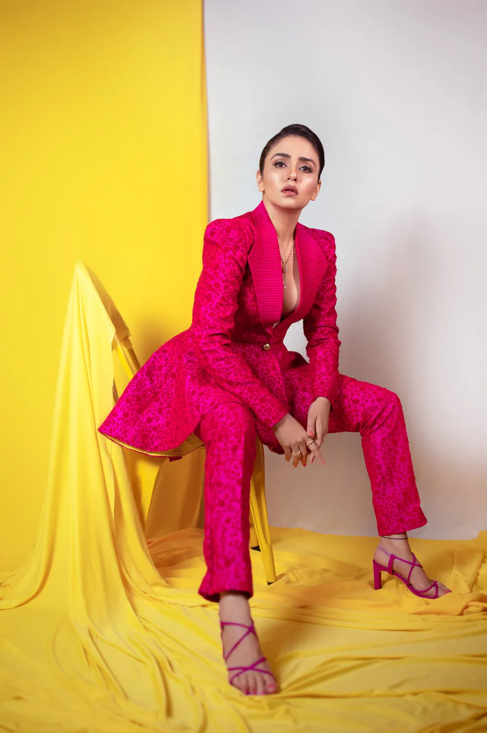 Pink Peplum Embroidered Blazer Set
