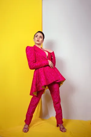 Pink Peplum Embroidered Blazer Set